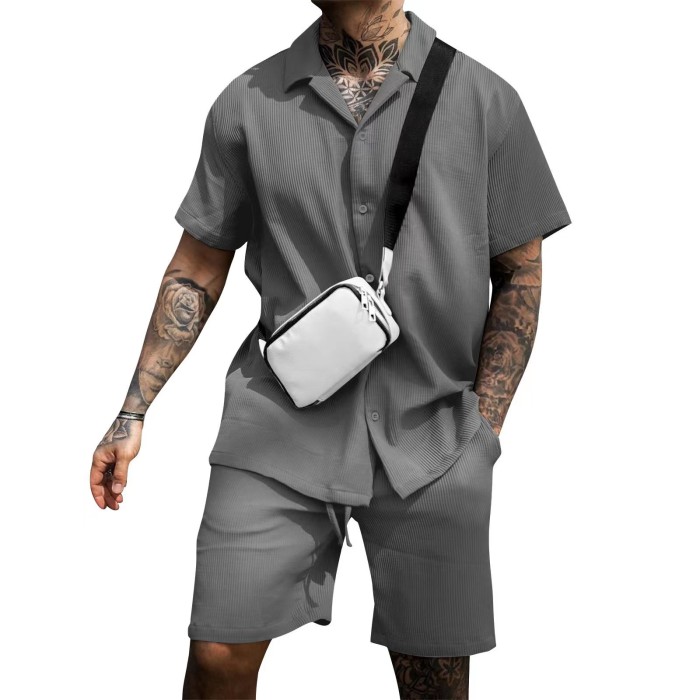 Men's Fashion Casual Suit Solid Color Lapel Shirt Shorts Two-Piece Set
