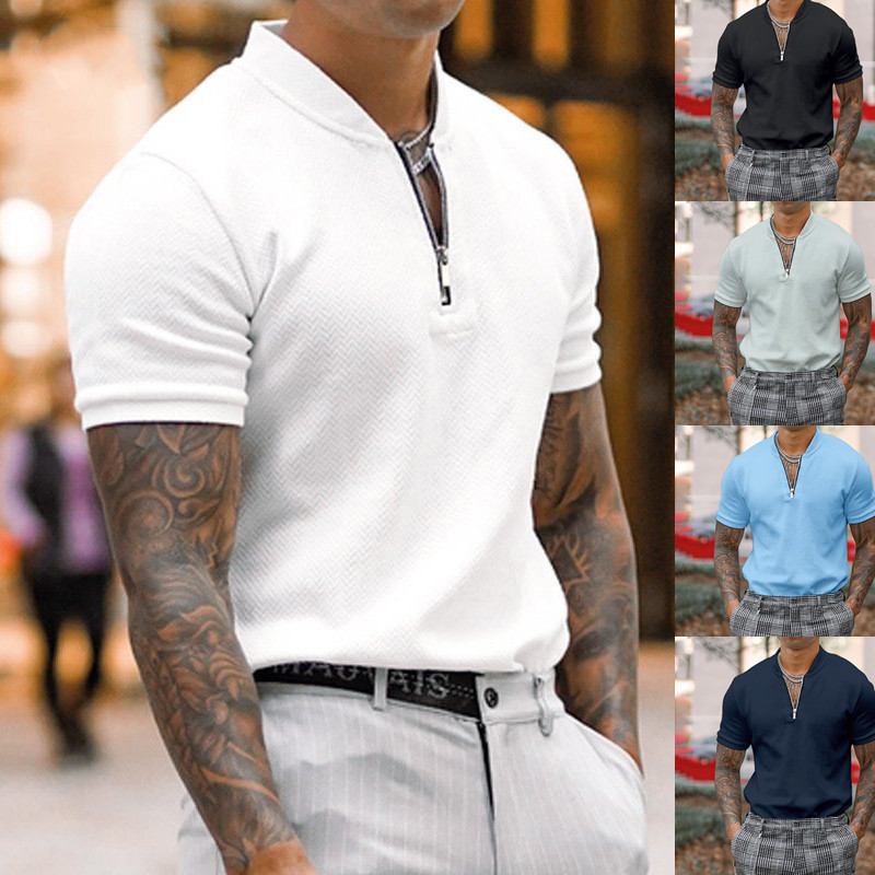 Men's Fashion Sexy Zipper V Neck Casual Top Solid Color T-Shirt