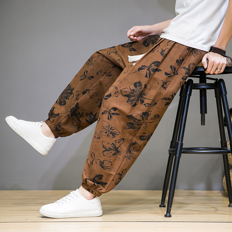 Men's Thin Breathable Cotton Linen Printed Casual Loose Harem Pants