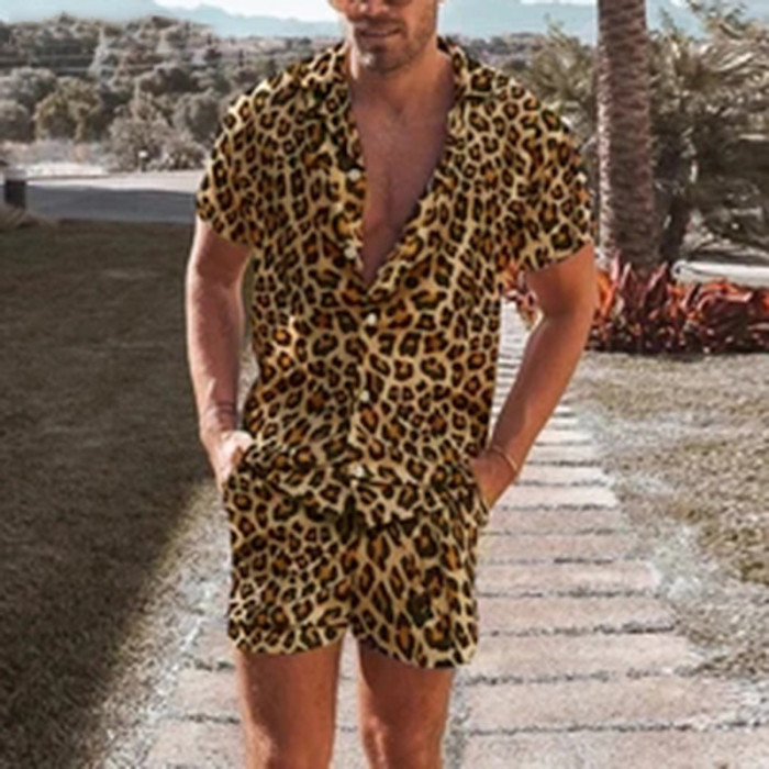 Men's Fashion Leopard Print Short Sleeve Beach Leisure Vacation 2-Piece Set