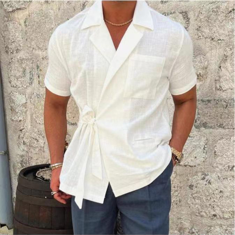 Men's Solid Color Cotton Linen Casual Lace Up Fashion Loose Shirt