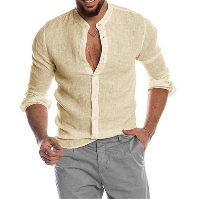 Men's Fashion Casual Solid Color Linen Cotton Top Long Sleeve Shirt
