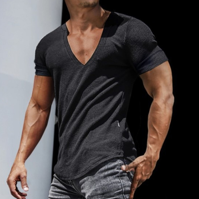 Fashion T-Shirt Men's Casual Solid Color Short Sleeve V Neck Pullover