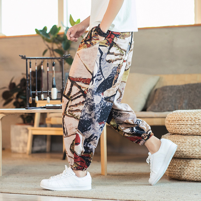 Printed Men's Loose Hip Hop Casual Loose Wide Leg Cotton Linen Pants