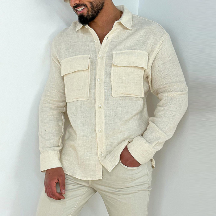 Men's Long Sleeve Lapel Button Fashion Loose Top Workwear Shirt