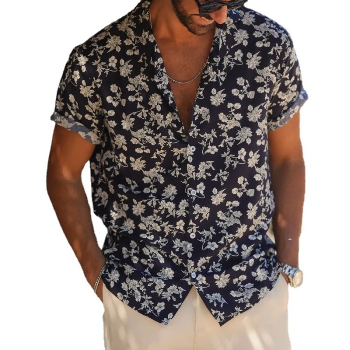 Men's New Printed Short Sleeve Loose Casual Cardigan Shirt