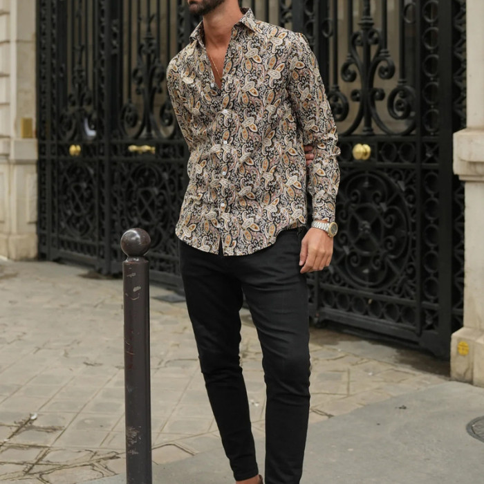 Men's Fashion Loose Allover Long Sleeve Casual Top Shirt