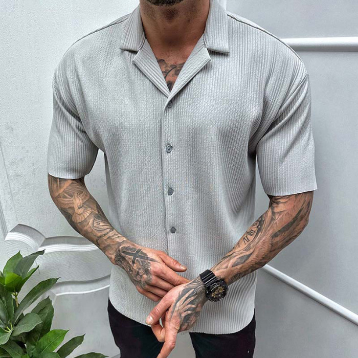 Casual Solid Color Ribbed Men's Fashion Short Sleeve Lapel Shirt