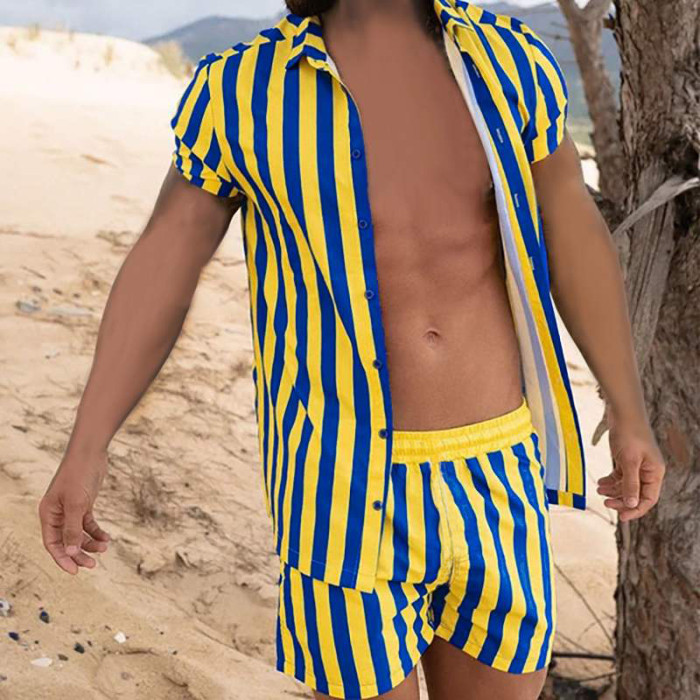 Men's Fashion Leopard Print Short Sleeve Beach Leisure Vacation 2-Piece Set