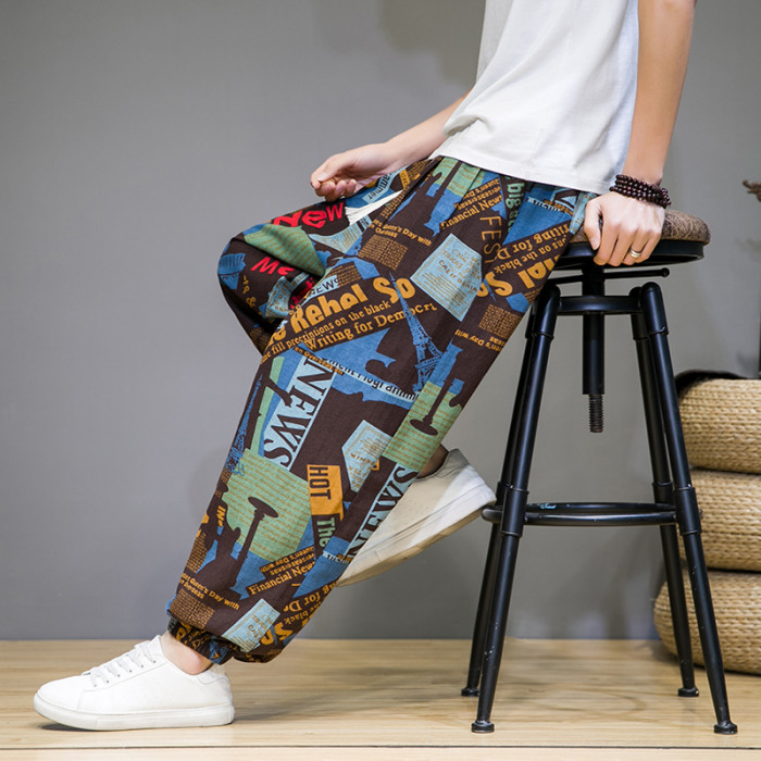 Men's Thin Breathable Cotton Linen Printed Casual Loose Harem Pants