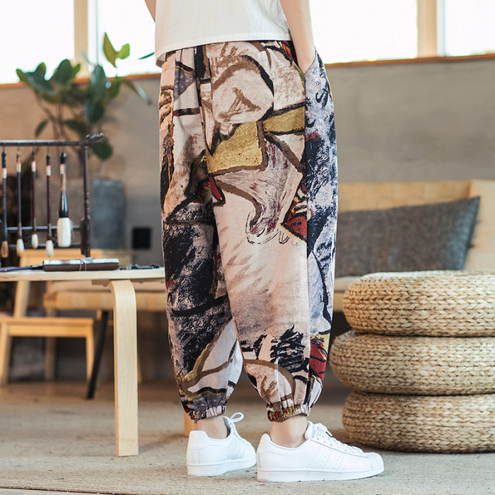 Men's Printed Drawstring Loose Cotton Linen Casual Harem Pants