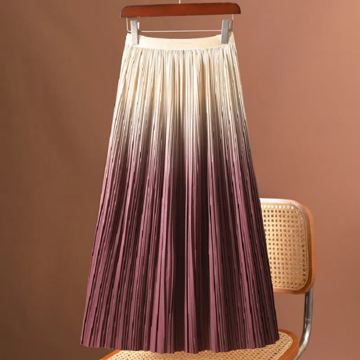 Gradient Color Pleated Fashion Elegant High Waist  Skirts