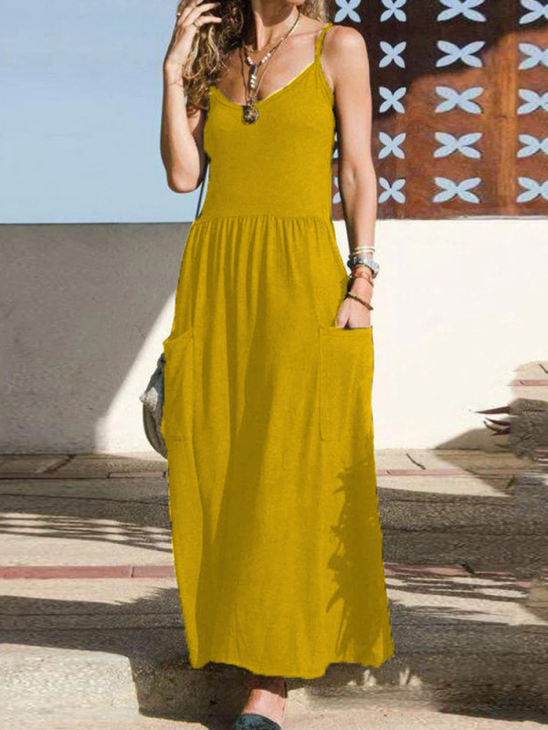 Summer Women's Solid Color Casual Pleated Pleated Maxi Dress