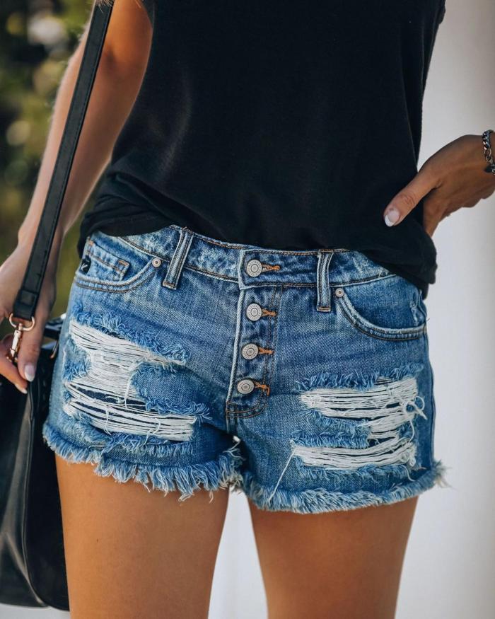 Fashion Ladies Summer Casual Sexy Slim Raw Edge Casual Ripped Denim Shorts