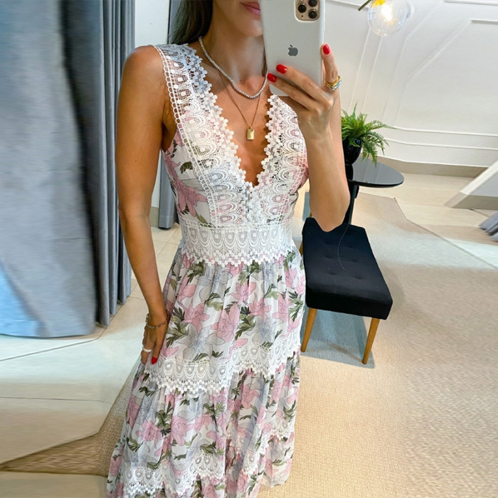 Sexy Wavy V Neck Boho Elegant Print Casual Sleeveless Party  Maxi Dress