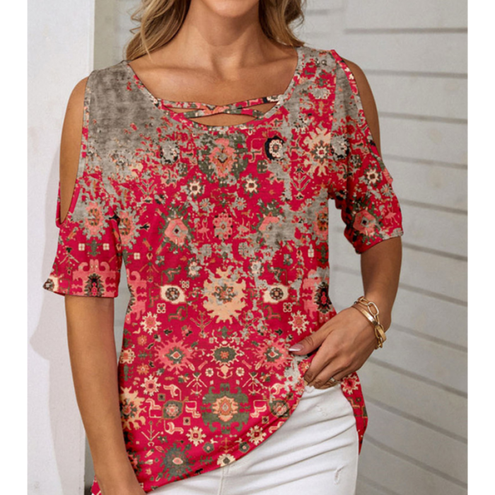 Fashion Ethnic Print Short Sleeve Sexy Off Shoulder Casual O Neck  Blouses & Shirts