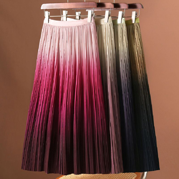 Gradient Color Pleated Fashion Elegant High Waist  Skirts