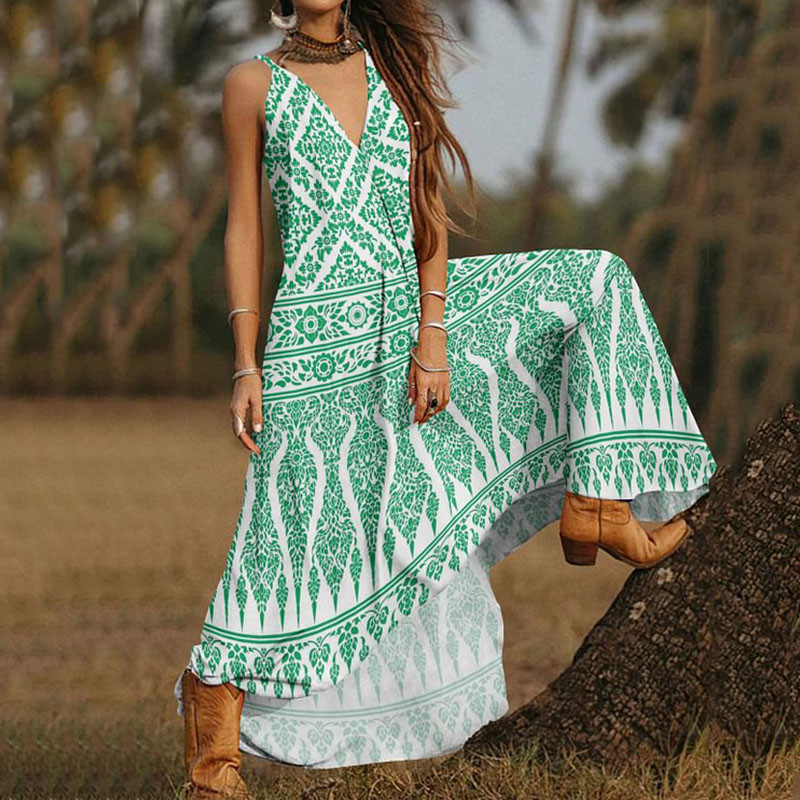 Vintage Women Casual Sexy V-neck Loose Boho Dress Ladies Floral Dresses Holiday Beach Dress