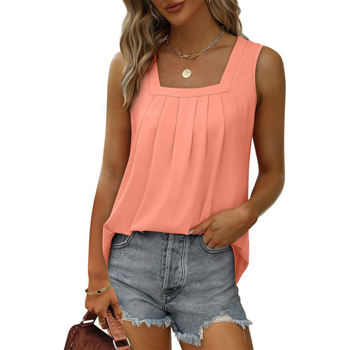 Women's Casual Square Neck Sleeveless Loose Solid Color T-Shirt