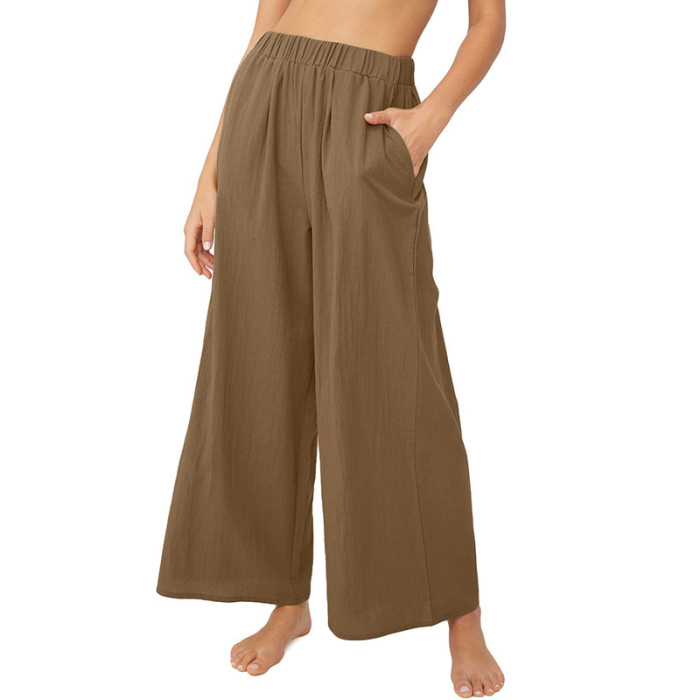 Casual Wide Leg High Waist Loose Cotton Linen Solid Color Beach Pants