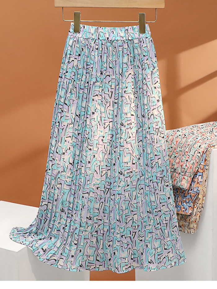 Women's Casual Pleated Fashion Print Elegant High Waist Skirt