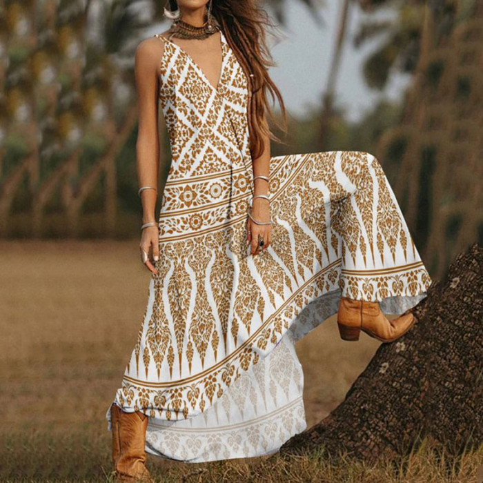 Vintage Graphic Print Sexy V Neck Loose Boho Maxi Dress