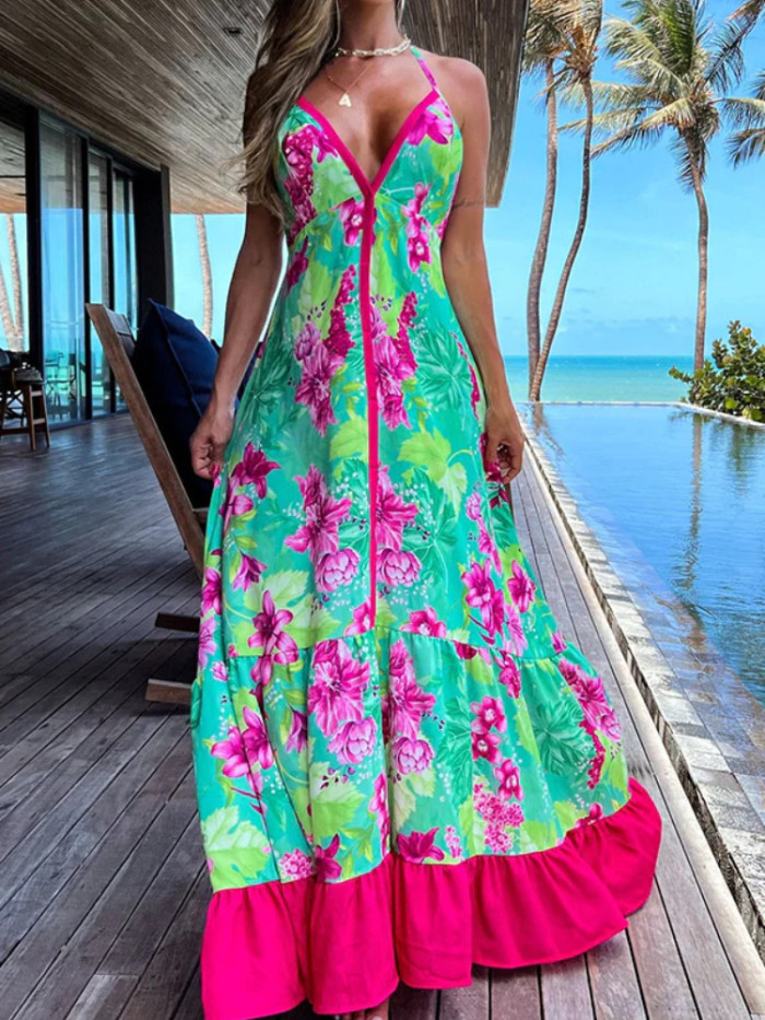 Women's Bohemian Print V Neck Ruffle Sleeveless Beach Maxi Dress