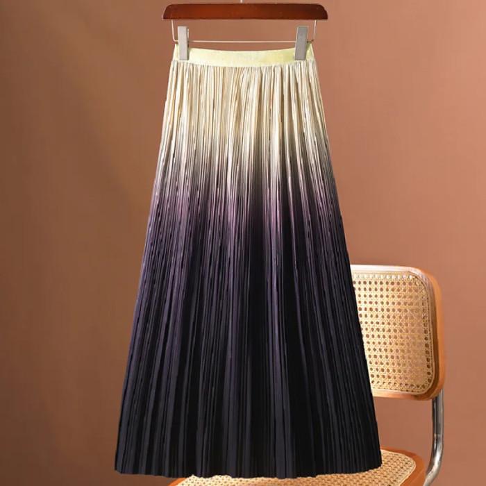 Gradient Color Pleated Fashion Elegant High Waist  Skirts