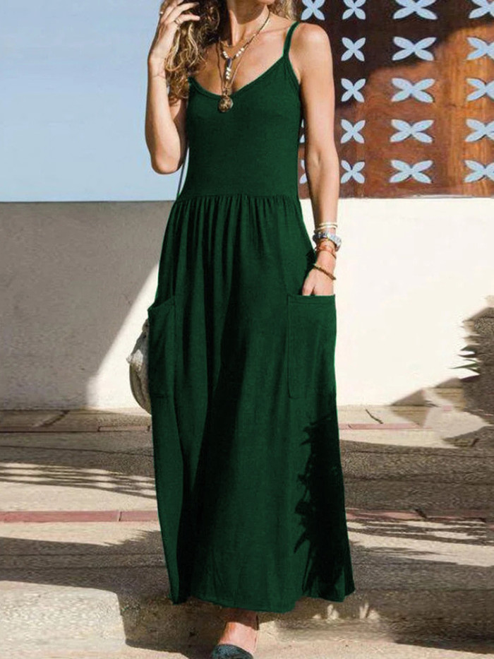 Summer Women's Solid Color Casual Pleated Pleated Maxi Dress