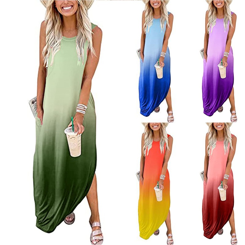 Women's Casual Loose Ombre Pocket Sleeveless Slit Maxi Dress