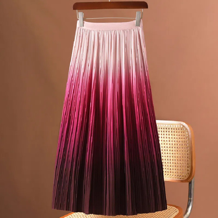 Gradient Color Pleated Fashion Elegant High Waist  Skirts