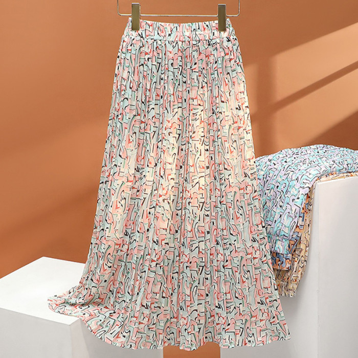 Women's Casual Pleated Fashion Print Elegant High Waist Skirt