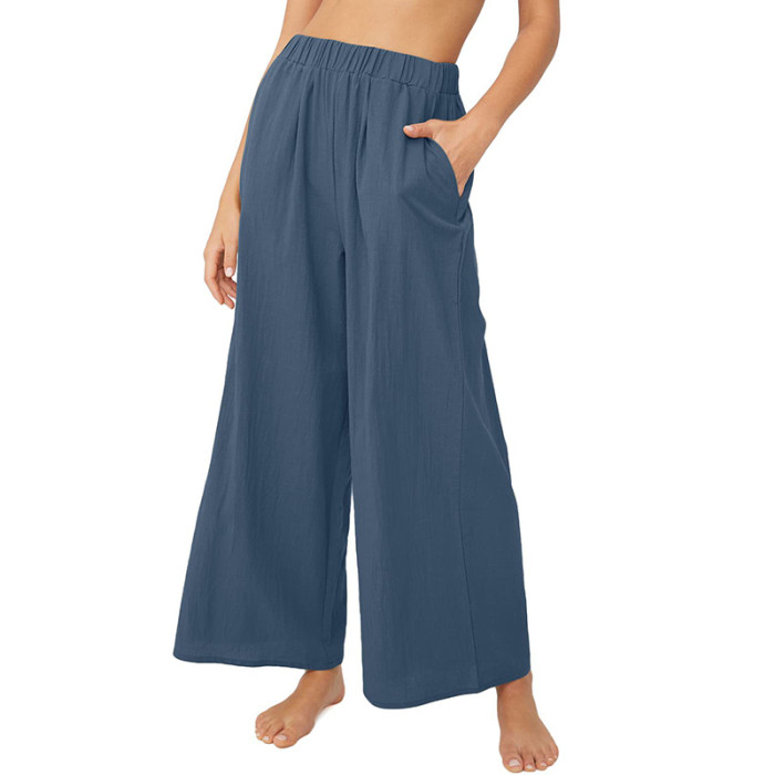 Casual Wide Leg High Waist Loose Cotton Linen Solid Color Beach Pants