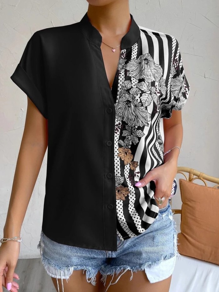 Women's Fashion Elegant Color Block Printing Casual Short Sleeve Shirt