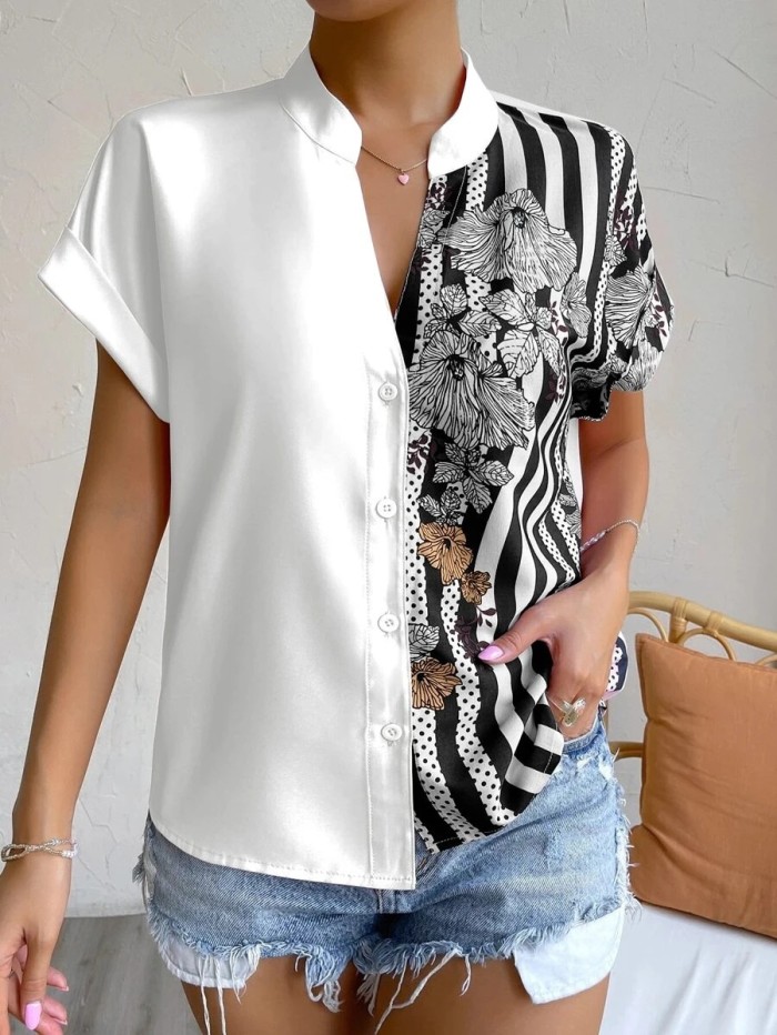 Women's Fashion Elegant Color Block Printing Casual Short Sleeve Shirt