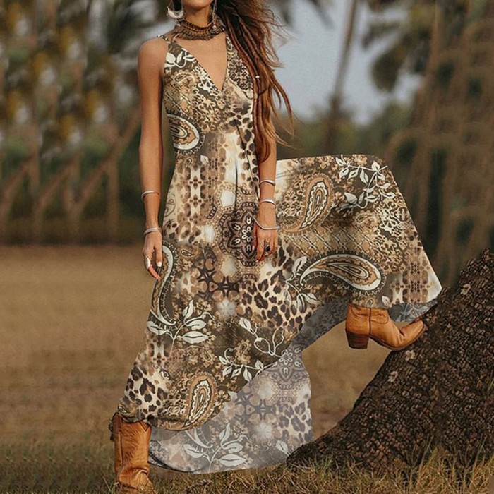 Vintage Graphic Print Sexy V Neck Loose Boho Maxi Dress