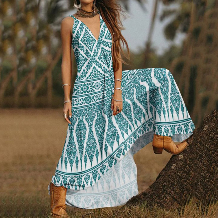 Vintage Graphic Print Sexy V Neck Loose Boho Maxi Dress
