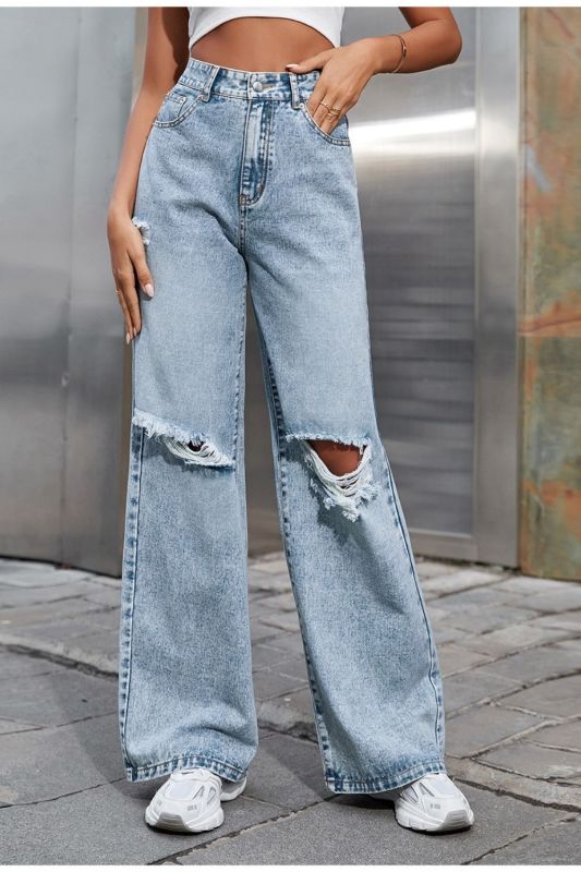 High Waist Straight Women's Fashion Street Loose Ripped Jeans