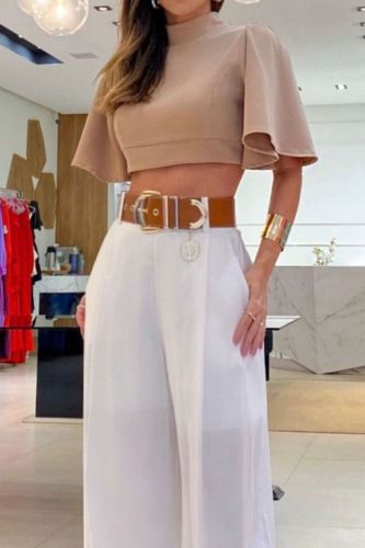 Turtleneck Bell Sleeve Sexy Crossover Halter Top Loose Wide Leg Pants Set