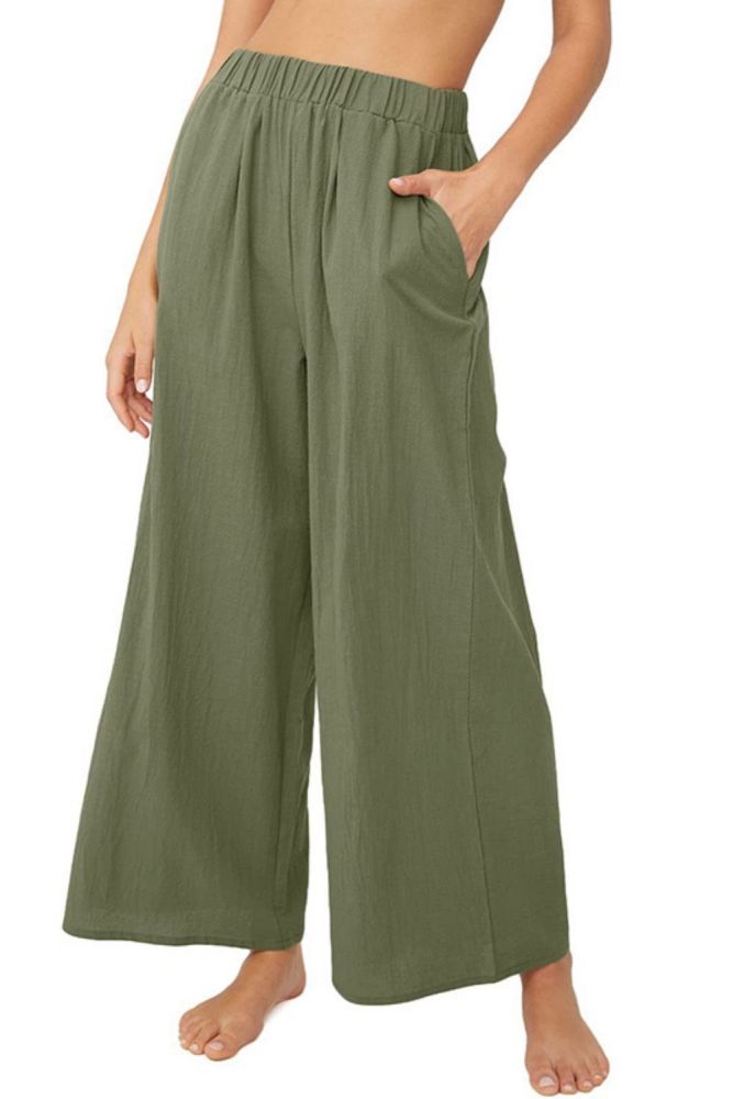 Casual Wide Leg High Waist Loose Cotton Linen Solid Color Beach Pants