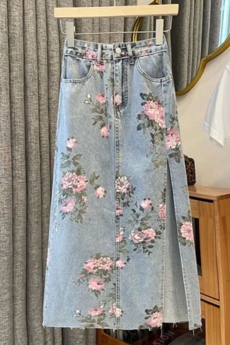 Women Floral Print High Waist Split Casual Denim Skirts