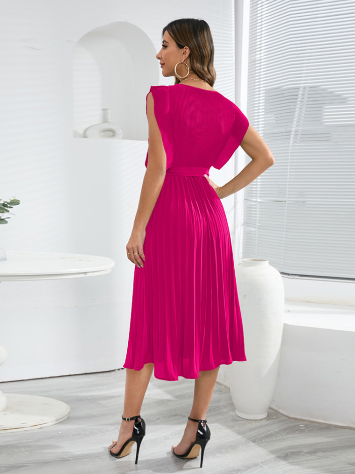 Solid Color Pleated Fashion Elegant Round Neck Ruffle Loose  Midi Dress