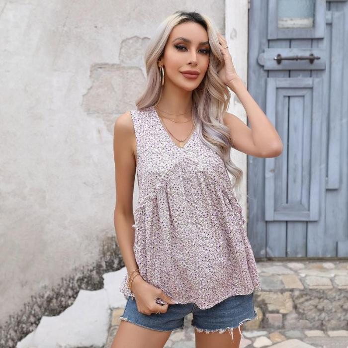 Summer Tops Women Printed Lace Casual Off Shoulder Sleeveless  T-Shirts