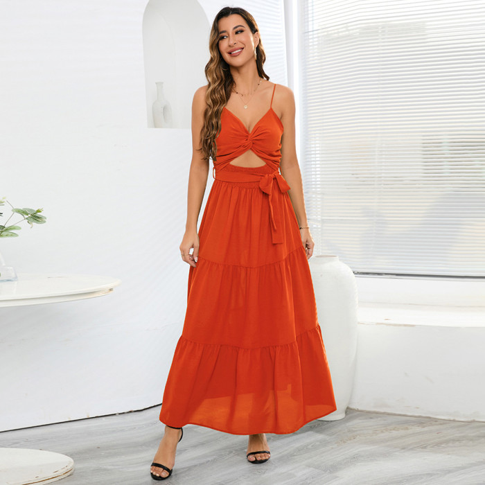 Women's Hollow Tube Top Strap Solid Color Backless Casual Beach  Maxi Dress