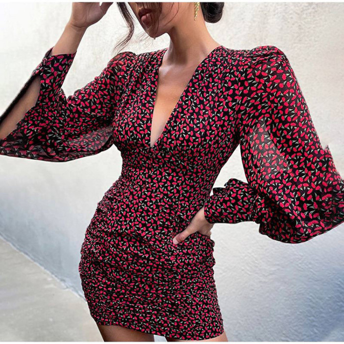 Printed Retro Fashion V-neck Balloon Sleeves Pleated Elegant Casual  Mini Dress