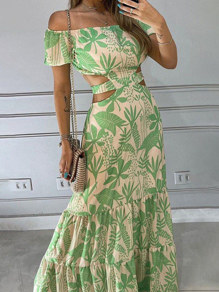 Elegant Sexy Off-Line Neck Backless Hollow Fashion Print Lace  Maxi Dress