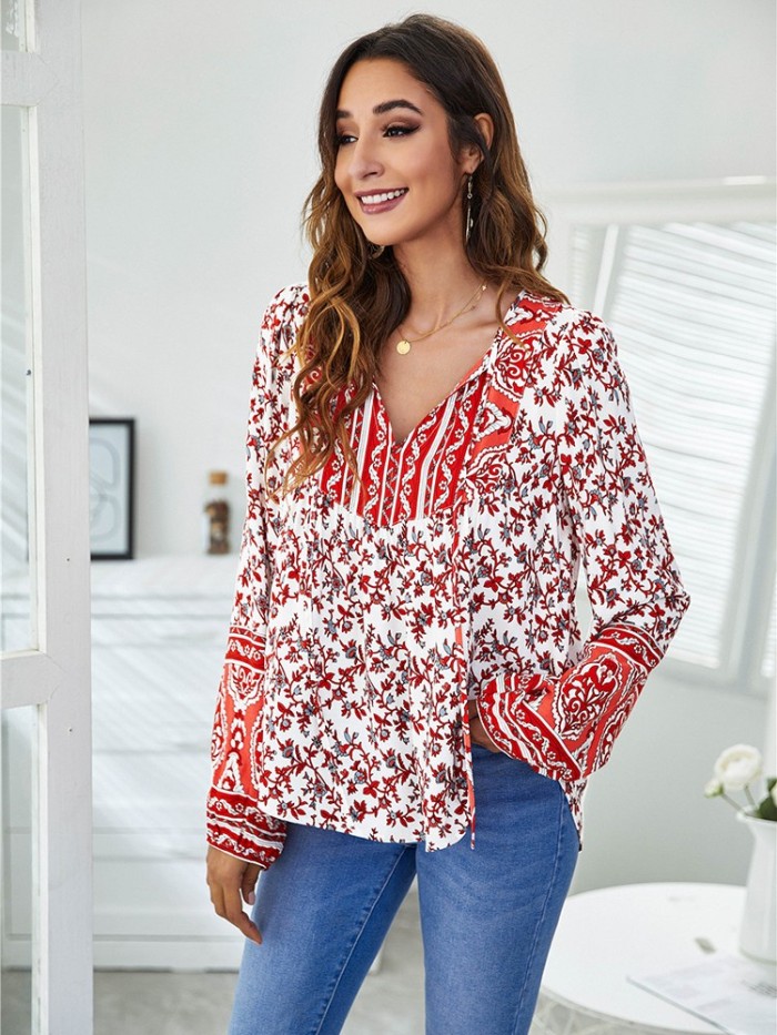 Women's Printed Fashion V Neck Long Sleeve Loose Casual Vintage Chic Shirt Top
