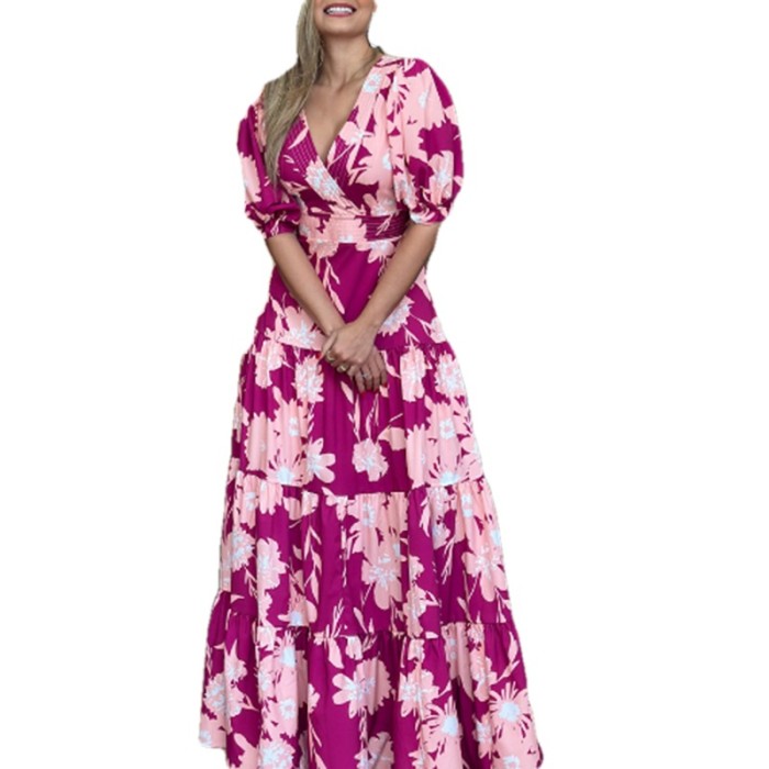 Boho Fashion Fashion Flower Print Sexy V Neck Long Sleeve Ruffle  Maxi Dress