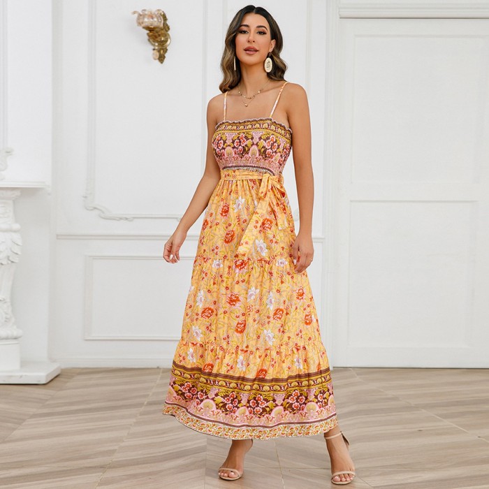 Floral Wrapped Chest Sexy Off-shoulder Strap Casual Elegant  Maxi Dress