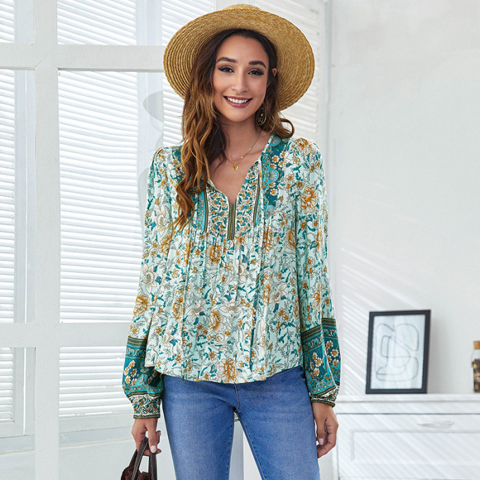 Women's Printed Fashion V Neck Long Sleeve Loose Casual Vintage Chic Shirt Top